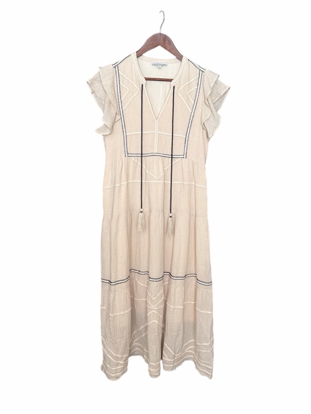 Sea And Be Seen beige linen maxi dress Small boho Cottagecore modest embroidered